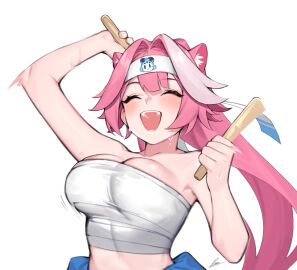 animal_ear_fluff animal_ears bandages bare_shoulders blush breasts chattino_(raora_panthera) chest_sarashi cleavage dasdokter fan_mascot_(vtuber) female headband highres hololive hololive_english hololive_english_-justice- large_breasts long_hair motion_blur multicolored_hair open_mouth panther_ears panther_girl pink_hair ponytail raora_panthera sarashi simple_background smile solo streaked_hair sweat upper_body virtual_youtuber white_background white_hair