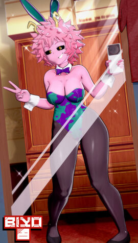 1girls biyo black_sclera breasts bunny_ears bunny_girl bunnysuit camera fake_animal_ears female horns large_breasts mina_ashido mirror mirror_selfie my_hero_academia phone pink_hair pink_skin recording selfie short_hair smile unusual_skintone v yellow_eyes