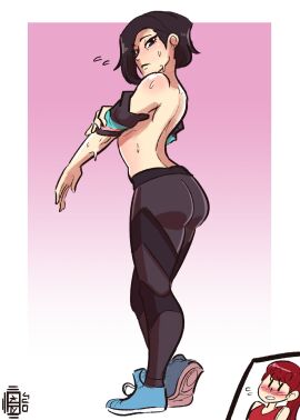 2020 2girls ass black_eyes black_hair blush clothing coach_hiraguchi female female_only implied_yuri kasumi_yoshizawa long_hair looking_at_viewer looking_back megami_tensei multiple_females multiple_girls persona persona_5 persona_5_royal ponytail red_hair scruffyturtles shirtless shoes short_hair sumire_yoshizawa sweat white_skin yoga_pants