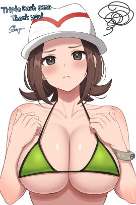 1girls alternate_breast_size_(larger) bikini bracelet breasts brown_hair cleavage closed_mouth collarbone commission female game_freak green_bikini grey_eyes hands_up harmony_(pokemon) hat highres jewelry large_breasts looking_at_viewer micro_bikini nintendo pokemon pokemon_legends:_z-a seika_(pokemon) short_hair simple_background skeb_commission solo spoken_squiggle squiggle surippa1010 swimsuit upper_body white_background white_hat