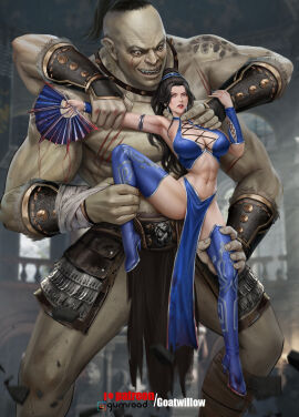 4_arms abs alternate_version_available arm_grab armor armored_gloves armpits athletic athletic_female barbs bare_shoulders belly_button belt big_breasts black_hair blue_clothing bracelet breasts cleavage earrings edenian evil_smile eyebrows fan female giant giant_male goatwillow goro halterneck kitana kitana_(mk9) leg_grab light-skinned_female light_skin lipstick liu_meixing_(artist) long_hair looking_at_partner makeup male mortal_kombat mortal_kombat_(2011) mortal_kombat_x multi_arm multi_limb muscular muscular_male neck_grab open open_legs pelvic_curtain princess red_eyes royalty shokan skimpy skimpy_clothes stain tagme teeth thick_thighs tiara twintails unmasked