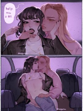 2girls ahageao49 arm_tattoo artist_name barbell_piercing black_hair black_jacket black_lips black_nails blonde_hair blue_pants car_interior clothes_lift clothes_pull commentary english_text female femdom femsub finger_in_another's_mouth fingering fingering_mouth fingering_partner fingering_pussy fingers_in_mouth french_kiss gentle_femdom hand_on_another's_thigh highres jacket jewelry kissing long_hair multiple_females multiple_girls multiple_rings necklace nipple_barbell nipple_piercing nipples original pants pants_pull piercing pink_jacket purple_background pussy reach-around ring shirt shirt_lift short_hair speech_bubble symbol-only_commentary tattoo tongue tongue_out white_shirt yuri