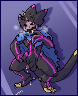 after_orgasm anthro balls bandai_namco black_body black_sclera blush bodily_fluids breath cape clothing cum digimon digimon_(species) digimon_ghost_game erection genital_fluids genitals gulusgammamon hi_res horn humanoid_genitalia humanoid_penis kay_but_gayer male panting penis scalie solo stinger_tail
