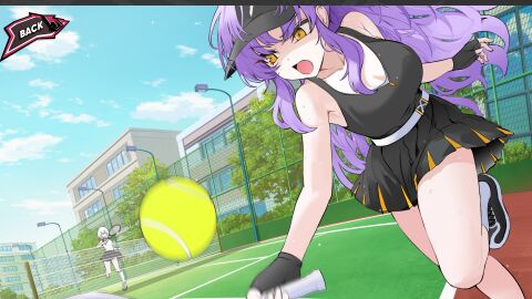 16:9 1920x1080 2d 2girls academy_love_saga_tennis_angels artist_request bridget_(academy_love_saga_tennis_angels) claire_(academy_love_saga_tennis_angels) color female horizontal_image human_only png purple_hair source_request tennis_ball tennis_court tennis_racket tennis_uniform video_games white_hair