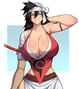 1girls bandages big_breasts black_hair bleach blue_eyes breasts cleavage clothed_female female female_only hourglass_figure huge_breasts kukaku_shiba light-skinned_female long_hair mature_female prosthetic_arm shiba_kuukaku simmsy solo solo_female