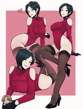1girls ada_wong ada_wong_(adriana) aneurysm.ax bare_shoulders black_hair brown_eyes capcom female female_only gloves heart heels high_heels leotard_sweater looking_at_viewer multiple_views narrowed_eyes resident_evil resident_evil_4 resident_evil_4_remake smiling smiling_at_viewer solo stockings sweater teeth_showing very_high_resolution