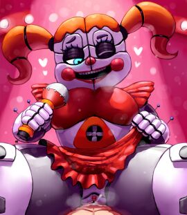 1boy 1girls 2d animatronic baby_(fnafsl) blue_eyes circus_baby circus_baby_(fnaf) circus_baby_(original) clitoris clown clown_girl cowgirl_position cum cum_in_pussy cum_inside eyelashes female five_nights_at_freddy's five_nights_at_freddy's:_sister_location fnaf full_color glowing_eyes happy heart heavy_breathing human larger_female lifting_skirt looking_at_partner male male/female microphone on_top one_eye_closed orange_hair outta_sync pink_background pussy robot robot_girl scottgames sex sister_location size_difference skirt smaller_male smile spotlight thick_thighs twintails upskirt vaginal_penetration wink