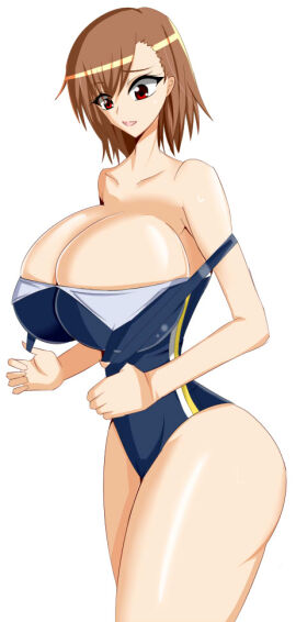 1girls aged_up alternate_ass_size alternate_breast_size alternate_eye_color arinosu asymmetrical_bangs asymmetrical_hair bare_arms bare_hips bare_shoulders blue_one-piece_swimsuit breasts breasts_bigger_than_head brown_hair cleavage clothes_pull collarbone competition_swimsuit cowboy_shot curvy female female_only gigantic_breasts hair_between_eyes huge_breasts human human_only jpeg medium_hair misaka_mikoto narrow_waist one-piece_swimsuit one-piece_swimsuit_pull open_mouth red_eyes simple_background solo solo_female swimsuit teenage_female teenager thick_thighs thighs to_aru_kagaku_no_railgun to_aru_majutsu_no_index undersized_clothes undressing voluptuous white_background