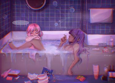 2girls bath bathing bathing_together bathtub dialogue doki_doki_literature_club drunk female female_only glasses human multiple_females multiple_girls natsuki_(doki_doki_literature_club) nude pink_hair purple_hair smoking text trans_woman transfem wormy_gums yuri yuri_(doki_doki_literature_club)