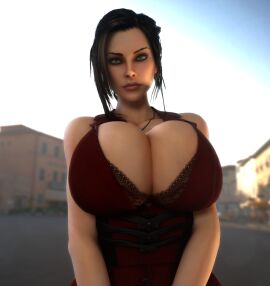 1girls 3d 3d_(artwork) alternate_ass_size alternate_breast_size ass big_cleavage black_bra black_hair bra bra_cups_sticking_out bra_visible_through_clothes breast_focus breasts breasts_bigger_than_head cleavage clothed clothed_female dress elexis_sinclaire female female_only gigantic_ass gigantic_breasts green_eyes hourglass_figure huge_ass huge_breasts human human_female looking_at_viewer necklace red_clothing red_dress sin_(game) skin_tight small_waist solo solo_female thin_waist top_heavy upper_body vaako