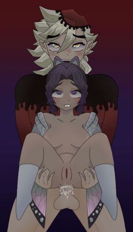 1boy 1girls 2d anal blush carrying_partner demon_slayer douma enemies female hashira kimetsu_no_yaiba kochou_shinobu male nude nude_female nude_male purple_hair rainbow_eyes suspended_congress upper_moon yellow_hair