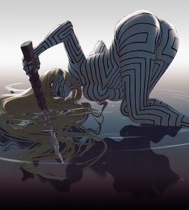 artist_request asherah_(megami_tensei) ass black_lips blonde_hair body_markings border breasts colored_sclera demon demon_(megami_tensei) demon_girl feet_out_of_frame female from_behind full-body_tattoo hair_between_eyes holding holding_weapon large_breasts long_hair looking_back lying non-web_source nude parted_lips pointy_ears reflection ripples shin_megami_tensei shin_megami_tensei:_strange_journey simple_background solo tattoo top-down_bottom-up underboob water weapon white_border yellow_sclera