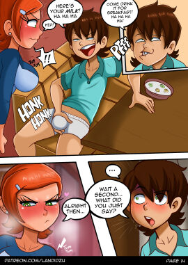 1boy 1girls ben_10 ben_10_(classic) ben_tennyson big_breasts comic comic_page curvy english_text female gwen_tennyson landidzu large_breasts male orange_hair short_hair speech_bubble tagme text
