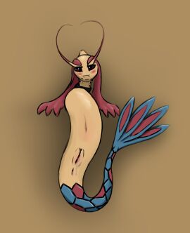 anus belly_blush blush bodily_fluids body_blush collar female feral generation_3_pokemon genital_fluids genitals hi_res iuno looking_at_viewer milotic navel nintendo pokemon pokemon_(species) pussy red_eyes simple_background solo tan_body vaginal_fluids vulva