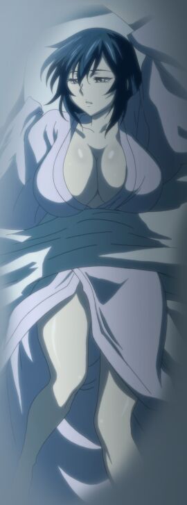 absurdres blue_hair breasts cleavage female hair_down highres huge_breasts japanese_clothes katana kimono large_breasts long_hair lying manyuu_chifusa manyuu_hikenchou night on_back open_clothes open_kimono presenting sleepy sword takagi_jun thighs weapon