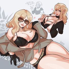 1girls blep blonde_hair dialogue english_text female female_only hi_res loggus_doggus long_hair looking_at_viewer no_more_heroes smiling smiling_at_viewer solo sunglasses sylvia_christel tagme thick_thighs tinted_eyewear white_background