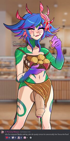 1futa anthro cheese_bread clothing cum eating ejaculation female futanari huge_cock intersex league_of_legends lizard lizard_girl neeko pao_de_queijo penis reptile request riot_games semen solo supercakes tencent thighs