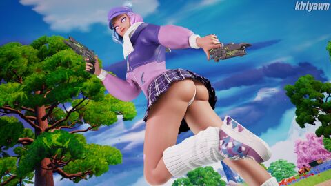 1girls 2025 3d 3d_(artwork) ass big_ass blender bubble_ass bubble_butt clothed clothing commission detailed_background epic_games female female_focus female_only fortnite fortnite:_battle_royale holding_gun kiriyawn leelah_(fortnite) light-skinned_female light_skin low-angle_view multicolored_hair one_leg_up outdoors outside panties skirt thick_ass thick_thighs underwear upskirt viewed_from_below watermark white_panties