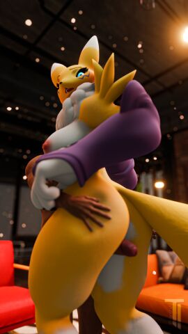 3d absurd_res anthro areola armwear ass bandai_namco big_ass big_breasts big_butt big_penis blue_eyes breasts bridal_gauntlets canid canine clothing digimon duo erection female fox genitals hi_res human male male/female mammal nipples penis renamon sex tail tenshi_ai thigh_sex