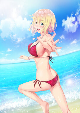 :d adult adult_female ankles armpits ass ass_cleavage ass_crack back bare_armpits bare_back bare_belly bare_calves bare_hands bare_hips bare_knees bare_legs bare_midriff bare_navel bare_shoulders bare_soles bare_thighs barefoot beach bikini bikini_bottom bikini_only bikini_top blonde-haired_female blonde_eyebrows blonde_female blonde_hair blue_background blue_eyes blue_sky blush blushing_female breasts busty busty_female butt_crack calves cleavage cloud clouds coast cowboy_shot day dutch_angle eyebrows_visible_through_hair feet_out_of_frame female foreshortening from_behind half_naked half_nude halterneck happy horizon jewelry kneepits knees large_breasts lean_figure leg_up legs looking_at_viewer looking_back low_ponytail mature_female medium_hair naked naked_female necklace nipple_bulge nude nude_female nudity ocean open_hand open_mouth open_mouth_smile original original_art original_artwork original_character outdoor_nudity outdoors outside outstretched_hand parted_lips reaching reaching_towards_viewer red_bikini red_bikini_bottom red_bikini_top red_string_bikini red_swimsuit red_swimwear ring sand sea seaside short_hair short_ponytail shuko_hime side-tie_bikini side-tie_bikini_bottom sideboob sky slender_body slender_waist slim_female slim_waist smile smiley_face smiling_at_viewer soles solo sparkle string_bikini swimsuit swimwear tawagoto_dukai_no_deshi thighs thin_waist toes tongue twintails twintails_(hairstyle) underboob upper_teeth water wedding_ring zaregoto_tsukai_no_deshi