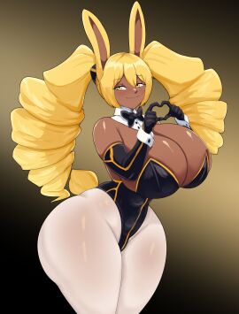 1girls arm_gloves armwear ass big_breasts blonde_hair breasts bunny_ears bunny_girl bunnysuit bursting_breasts busty dark-skinned_female dark_skin elbow_gloves female female_only huge_ass huge_breasts large_breasts leggings legwear long_hair looking_at_viewer loppy_(thecon) original png see-through see-through_legwear smile solo thecon thick_thighs wide_hips yellow_eyes