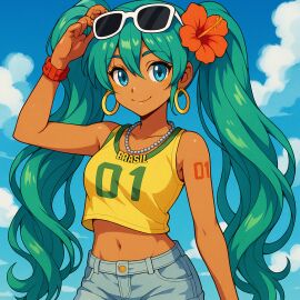 2025 ai_generated anime belly blue_eyebrows blue_eyes_female blue_hair_female brazilian_female brazilian_flag brazilian_miku brazilian_shirt closed_mouth closed_mouth_smile deviantart flower_in_hair glitchmiku_(artist) golden_earrings hand_on_sunglasses hatsune_miku holding_sunglasses long_hair_female looking_at_viewer meta mouth_closed number_on_body red_handwear short_jeans sky_background smile_at_viewer smiling_at_viewer sunglasses_on_head tummy vocaloid white_collar