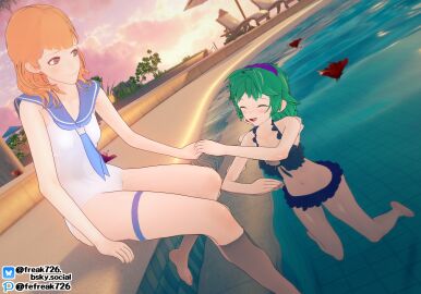 2girls 3d alternate_costume annette_fantine_dominic bare_arms bare_legs bare_midriff barefoot beach_chair beach_umbrella bikini blue_bikini blue_eyes blue_swimsuit blush breasts chair fefreak726 female female_only fire_emblem fire_emblem:_the_blazing_blade fire_emblem:_three_houses flower frilled_bikini frills green_hair hairband holding_hands legs medium_hair midriff multiple_females multiple_girls navel nino_(fire_emblem) nintendo one-piece_swimsuit open_mouth orange_hair outdoors parasol partially_submerged pool short_hair shy shy_smile sitting small_breasts smile sunset swimsuit tree umbrella water white_one-piece_swimsuit white_swimsuit yuri