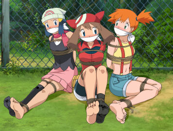 3girls blushing bondage captured cleave_gag dawn_(pokemon) female female_only foot_fetish gag gagged human kasumi_(pokemon) may_(pokemon) multiple_females multiple_girls pokemon pokemon_(anime) soles tagme