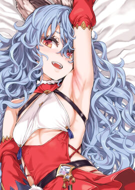 1girls animal_ears armpit armpits asanagi bed blue_hair blush boobs breasts female female_only ferry_(granblue_fantasy) granblue_fantasy laying_down laying_on_bed long_hair looking_at_viewer lying_down lying_on_bed medium_breasts open_mouth orange_eyes sharp_teeth sideboob small_breasts smile solo tagme