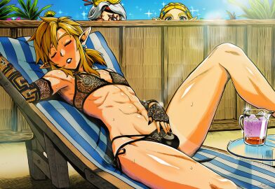 abs ai_art ai_generated almond_eyes bare_legs bare_shoulders bare_thighs black_lipstick black_nails blue_eyes bra crossdressing drooling earrings exhibitionism femboy feminine_male feminization girly girly_boy golden_hair hylian hylian_ears link link_(breath_of_the_wild) link_(tears_of_the_kingdom) long_nails luxica novelai princess_zelda purah_(tears_of_the_kingdom) rauru's_arm sleeping spying summer sun sunbathing sunlight sweat tan tan_body the_legend_of_zelda trap twink uncensored underwear voyeur voyeurism