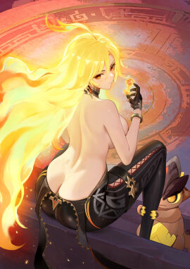 1girls ass ass_crack bare_back big_ass breasts butt_crack curvy curvy_female curvy_figure female fire_hair genshin_impact gloves glowing glowing_hair hi_res hle hourglass_figure large_breasts light-skinned_female light_skin long_hair mavuika_(genshin_impact) rear_view saurian_(genshin_impact) sitting tepetlisaurus_(species) topless unzipped unzipped_bodysuit wide_hips zipper