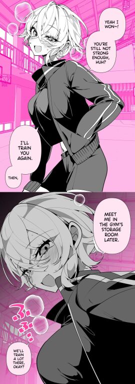 1girls a_boyish_girlfriend_in_high_humidity belly_button blush breasts clothed crop_top dialogue english_text fangs female female_focus gym_clothes gym_uniform invitation inviting manga navel original original_character ouchi_kaeru pink_background short_hair solo solo_focus steam sweat tomboy translated