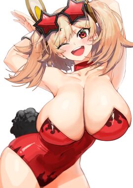 ;d absurdres alternate_breast_size animal_ears armpits arms_up blonde_hair blush breasts burnice_white choker cleavage collarbone covered_navel eyewear_on_head fake_animal_ears female highres huge_breasts leotard looking_at_viewer medium_hair one_eye_closed open_mouth playboy_bunny pyz_(cath_x_tech) rabbit_ears red_choker red_eyes red_leotard simple_background smile solo star-shaped_eyewear star_(symbol) teeth twintails upper_teeth white_background wrist_cuffs zenless_zone_zero