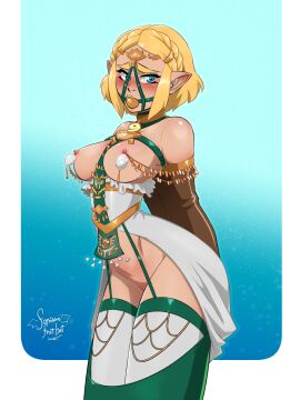 1girls armbinder arms_behind_back arms_bound arms_bound_behind_back artist_name ball_gag bdsm_collar bdsm_gear bdsm_outfit blonde_hair blue_eyes blush bondage bondage_gear bound bound_arms bound_legs breast_curtains breasts breasts_out collar corset embarrassed exposed_breasts exposed_pussy female female_only femsub forbiddenfruitbat functionally_nude functionally_nude_female gag gagged gagged_female harness_ball_gag harness_gag humanoid hylian hylian_ears jewelry medium_breasts my_pet_tentacle_monster nintendo nipple_piercing nipple_weights nipples nude nude_female ornaments piercing pink_nipples pointy_ears princess princess_zelda pussy royalty shaved_crotch short_hair solo standing submissive submissive_female tears_of_the_kingdom the_legend_of_zelda toga white_shirt zelda_(tears_of_the_kingdom) zonai_clothing zonai_outfit