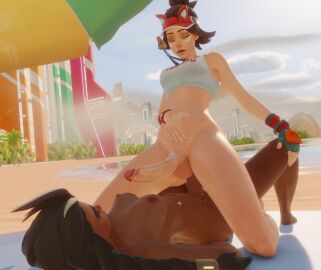 2futas 3d anal beach big_penis bottomless_futa cowgirl_position dark-skinned_futa dark_skin foreskin futa_on_futa futa_only futanari illari_(overwatch) intersex johndoeseph kiriko_(overwatch) lifeguard_kiriko light-skinned_futa light_skin looking_pleasured nude nude_futa overwatch overwatch_2 penis retracted_foreskin uncircumcised whistle_(object)