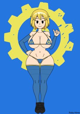 1girls big_breasts bikini blue_gloves blue_legwear breasts fallout female gloves legwear light_skin mob_face no_artist nude porn ruby_hime solid_eyes solo solo_female vault_69 vault_girl