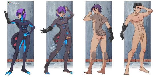 1boy 1girls abs artist_name artist_signature ass balls barefoot black_eyes black_hair blush claws collarbone dark_purple_hair deviantart_link deviantart_username ed-fokk3r elf_ears female flustered flustered_male ftm_transformation gender_transformation genital_growth genital_growth_(development) hand_on_head light_purple_hair limbus_company looking_down male meursault_(limbus_company) monster monster_girl muscular nipples nude nude_male original original_character pectorals penis penis_growth penis_growth_(development) project_moon purple_hair pussy red_sclera saggy saggy_balls scrotum slightly_muscular_male text thick_eyebrows transformation