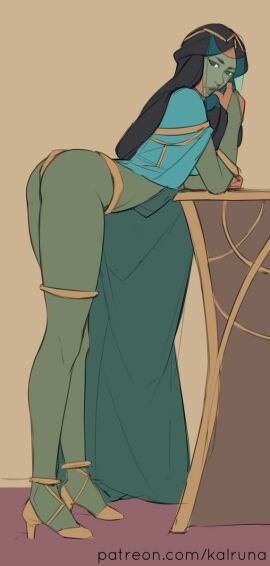 2d aladdin black_hair cosplay disney_princess female female_only footwear full_color green_bodysuit kalruna long_legs patreon_url patreon_username princess_jasmine sketch tharja_(fire_emblem)_(cosplay)