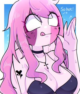 big_breasts bikini_top breasts choker cleavage collar crucifix cute female friday_night_funkin long_hair necklace pink_body pink_hair sarvente_(dokki.doodlez) simple_background sweat tattoo tongue tongue_out white_eyes yume0534