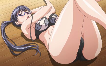 1girls big_breasts black_hair blush bra breasts busty cameltoe cleavage eroge!_h_mo_game_mo_kaihatsu_zanmai female female_only glasses headphones highres kosaka_iori large_breasts legs long_hair lying open_mouth panties pussy red_eyes screencap seductive_gaze solo stitched teeth thick_thighs thighs tongue twintails underwear