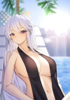 azur_lane bare_armpits bare_arms bare_belly bare_chest bare_navel bare_shoulders bare_skin beach_chair black_slingshot_swimsuit blue_sky blurred_background blurry_background blush breasts cleavage covered_nipples day daytime dot_mouth dot_nose enterprise_(azur_lane) eyebrows_visible_through_hair female leaning_back long_hair looking_at_viewer lordol navel outdoors outside purple-eyed_female purple_eyes sideboob sitting sky slender_body slender_waist slim_female slim_waist slingshot_swimsuit swimsuit thin_waist underboob water white-haired_female white_eyebrows white_hair