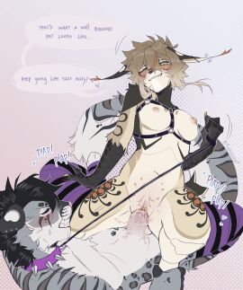 absurd_res anthro belly_tattoo big_tail blush bodily_fluids bondage breasts clothing collar cowgirl_position cum cum_in_pussy cum_inside dominant dominant_female dominatrix duo ejaculation felid feline female flochiie floppy_ears from_front_position fur_pattern genital_fluids genitals harness hi_res hybrid leash leather leg_socks legwear leopard lynx male male/female mammal medium_breasts multiple_piercings near_orgasm on_bottom on_top orgasm pantherine penetration penile penile_penetration penile_spines penis petplay piercing pussy roleplay sex siberian_tiger snow_leopard spots stripes submissive submissive_male tail tattoo teasing thigh_highs tiger tigris_astartes tongue tongue_out vaginal_fluids wet