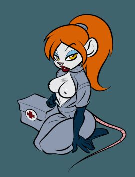 accessory animal_humanoid blue_eyeliner blue_eyeshadow breasts clothing crucial_comix dahr doctor_outfit eyeliner eyeshadow female first_aid_kit flashing flashing_breasts fur genetic_mutation genetically_modified hair hair_accessory hair_tie human humanoid lipstick lori makeup mammal mammal_humanoid medical_gloves medical_instrument mouse murid murine nurse nurse_clothing nurse_uniform orange_hair pink_nose ponytail puffy_lips rat_bastard_(series) red_lipstick rodent rodent_humanoid scientific_instrument simple_background solo tied_hair uniform white_body white_fur yellow_eyes