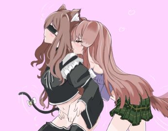 2girls animal_ears bang_dream! bang_dream!_it's_mygo!!!!! black_dress black_footwear black_skirt blindfold brown_hair cat_ears cat_girl cat_tail chihaya_anon chinese_commentary closed_eyes clothes_pull commentary_request dog_ears dog_girl dog_tail dress female fingering flying_sweatdrops green_skirt heart juliet_sleeves kemonomimi_mode long_hair long_sleeves mi_zhi_chashao_men_fan_fan multiple_females multiple_girls nagasaki_soyo off_shoulder parted_lips pink_background pink_hair plaid_clothes plaid_skirt pleated_skirt puffy_sleeves pussy pussy_juice reach-around simple_background skirt skirt_pull tail tongue tongue_out yuri