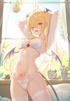 1girls ahoge alarm_clock arms_up ass_visible_through_thighs bare_midriff bare_thighs bella_(kira78718520) black_wings blonde_hair blush bra breasts clock demon demon_girl demon_tail demon_wings fangs female female_only flower head_wings highres indoors kira_(kira78718520) lingerie long_hair looking_at_viewer medium_breasts midriff navel one_eye_closed open_mouth original panties pubic_tattoo red_eyes red_flower red_rose rose see-through_clothes skindentation solo standing stomach stretching succubus tail tattoo thigh_strap thighs twintails underwear white_bra white_panties window wings