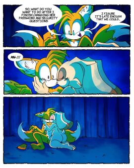 anthro ass big_butt blush comic cream_the_rabbit dialogue duo english_text female hi_res himitsu humanoid imminent_sex kiss_on_lips kissing male male/female miles_tails_prower nude outside popfulblue sega sonic_(series) sonic_the_hedgehog_(series) speech_bubble tails tails_the_fox text wholesome