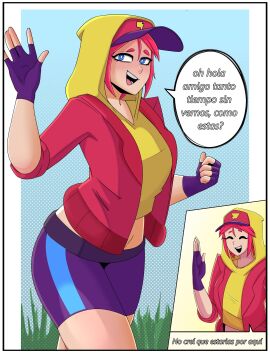 1girls blue_eyes brawl_stars ceo_of_lizards comic female light-skinned_female light_skin max_(brawl_stars) red_hair spanish_text streetwear_max tagme text