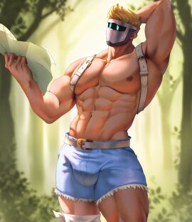 abs bara biceps blonde_hair bulge clothing male male_nipples male_only mask masked masked_male muscular muscular_male nipples pecs rekkinj silvyspark tight_clothing yaoi