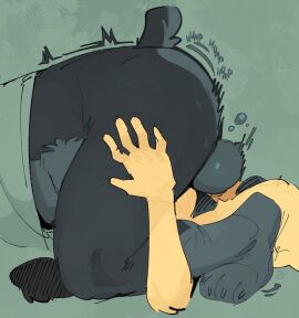 ambiguous_gender ambiguous_penetrated anthro balls bottomless canid canine canis clothed clothing domestic_dog duo face_fucking fellatio fur genitals goon_(goonie_san) goonie-san hi_res irrumatio male male/ambiguous male_penetrating male_penetrating_ambiguous mammal oral penetration penile penis sex shirt short_tail side_view tail topwear yellow_body yellow_fur