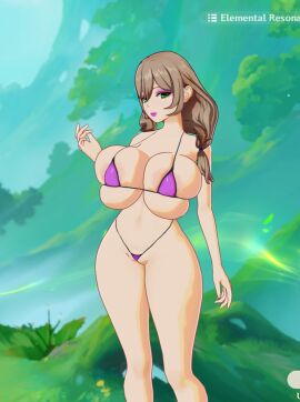 3d ass big_ass big_breasts breast_squeeze breasts female female_only genshin_impact huge_breasts lisa_(genshin_impact) makeup micro_bikini mod screencap screenshot skimpy_bikini